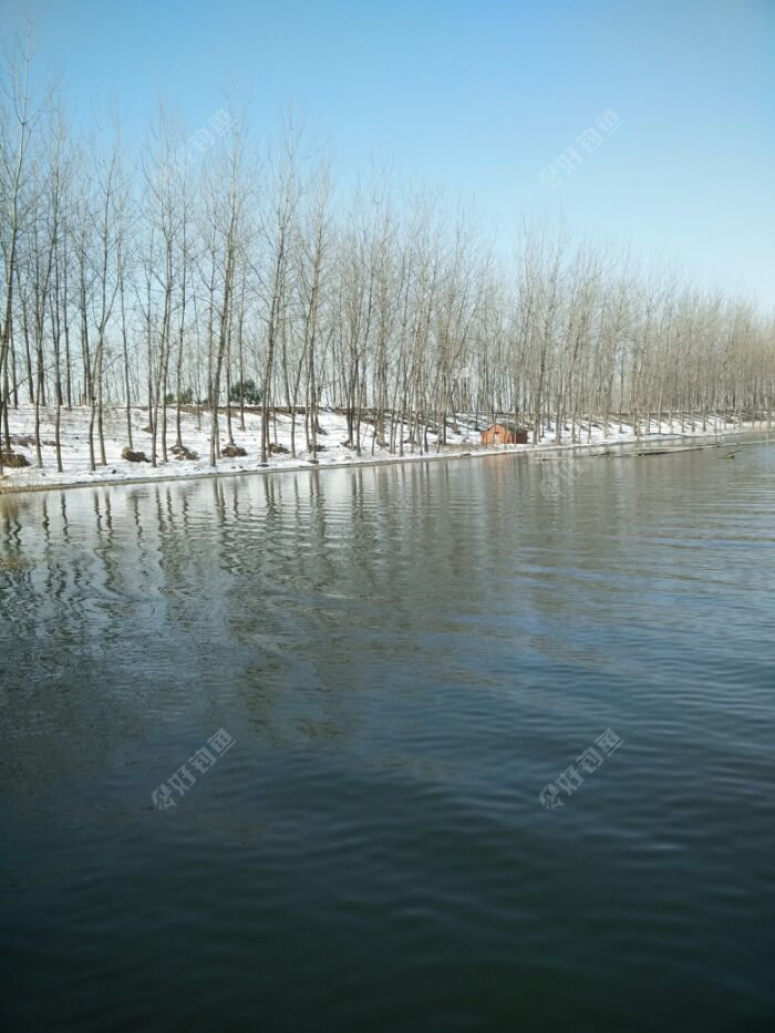 钓场漂亮的雪景。河边残留的积雪